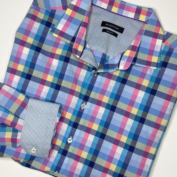 Bugatchi Men's Classic Fit Flip Cuff Multi-Color Plaid Button Front Shirt XL‎ - Picture 1 of 9